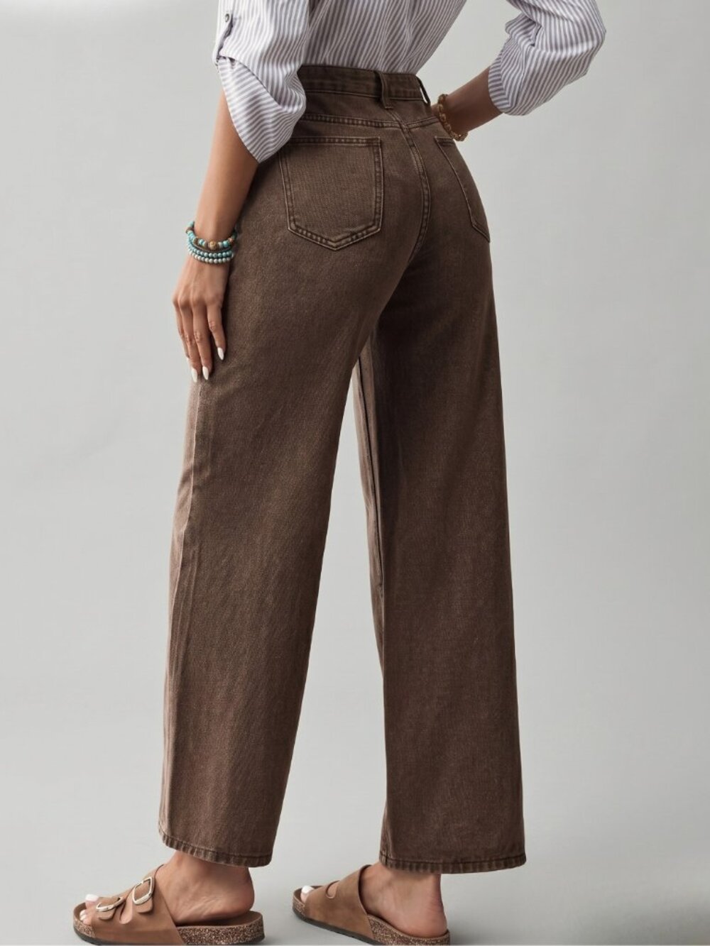 Women Brown High Waist Straight Leg Jeans Casual Cotton Minimal Chic Pants - Picture 2 of 6